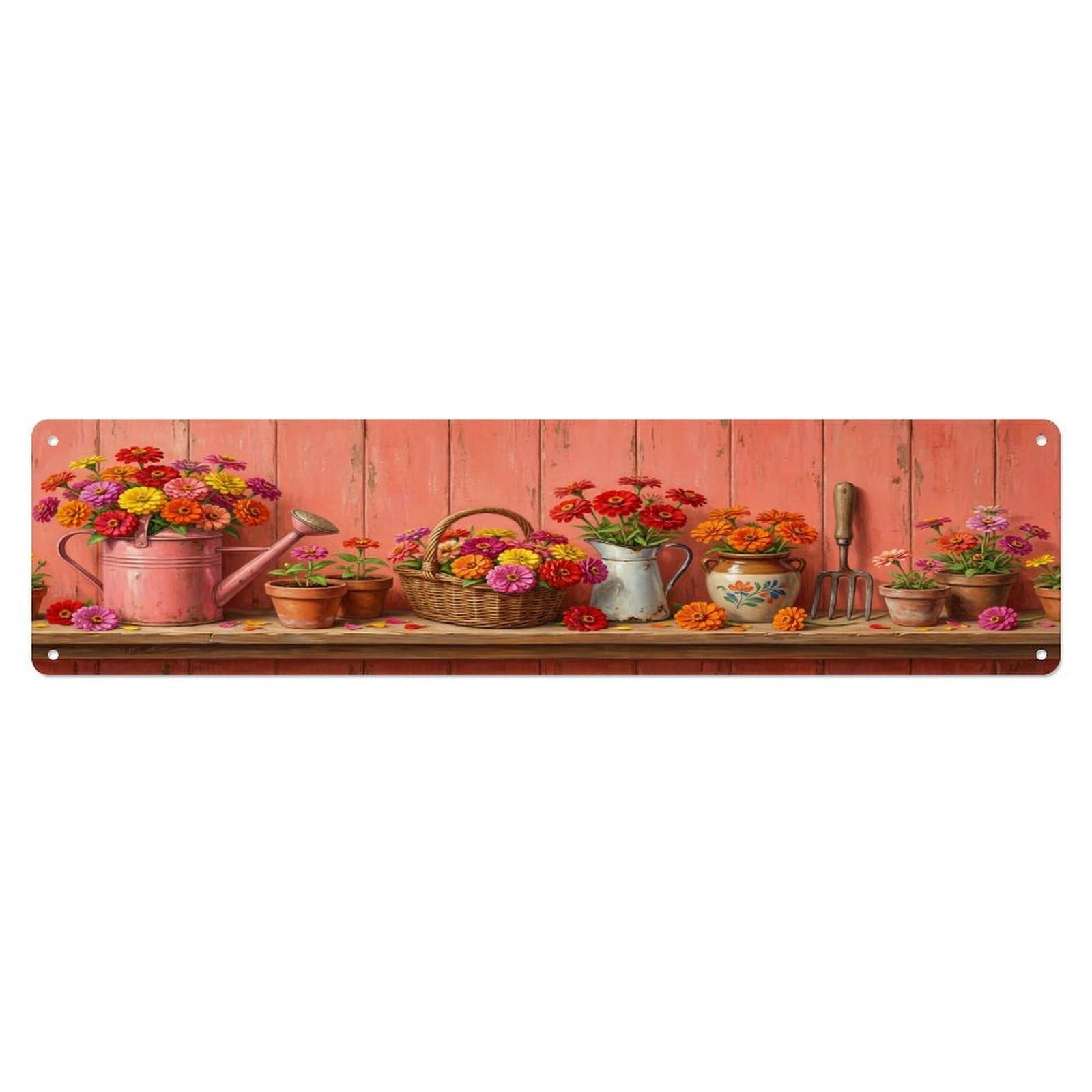 Floral Garden Tools Zinnia Watering Pattern Print Metal Tin Sign