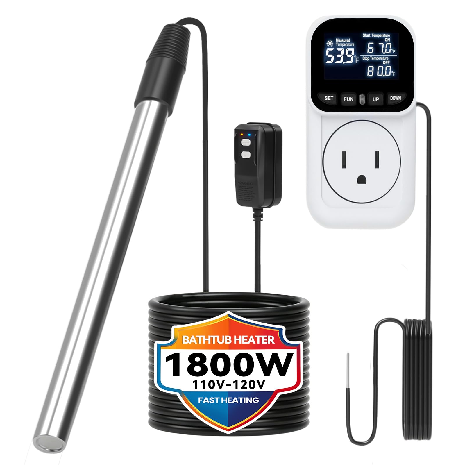 Photo 1 of 1800w Immersion Heater,Portable Bathtub Heater with GFCI& Thermostat, Digital Temp Control, Fast Heating Stainless Steel Submersible Water Heater for Small Pools,Spa,Bathtubs, Buckets,Tank,Outdoor