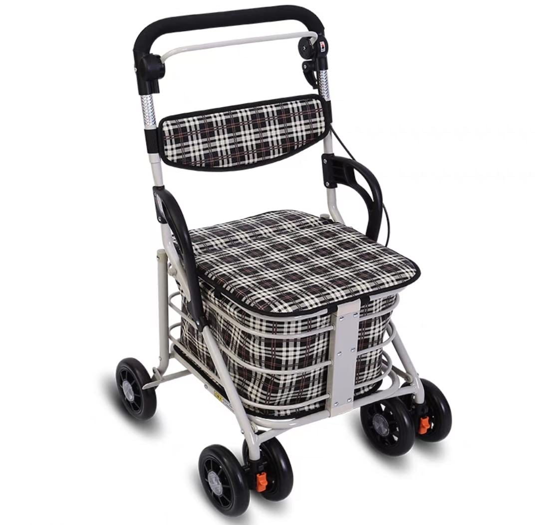 Andador para Ancianos Andador for Ancianos, Asiento de Ayuda for Caminar con Andador de Cuatro Ruedas de Aluminio y Cesta de Compras Altura Ajustable Diseño Ligero y Seguro Andador con Andador