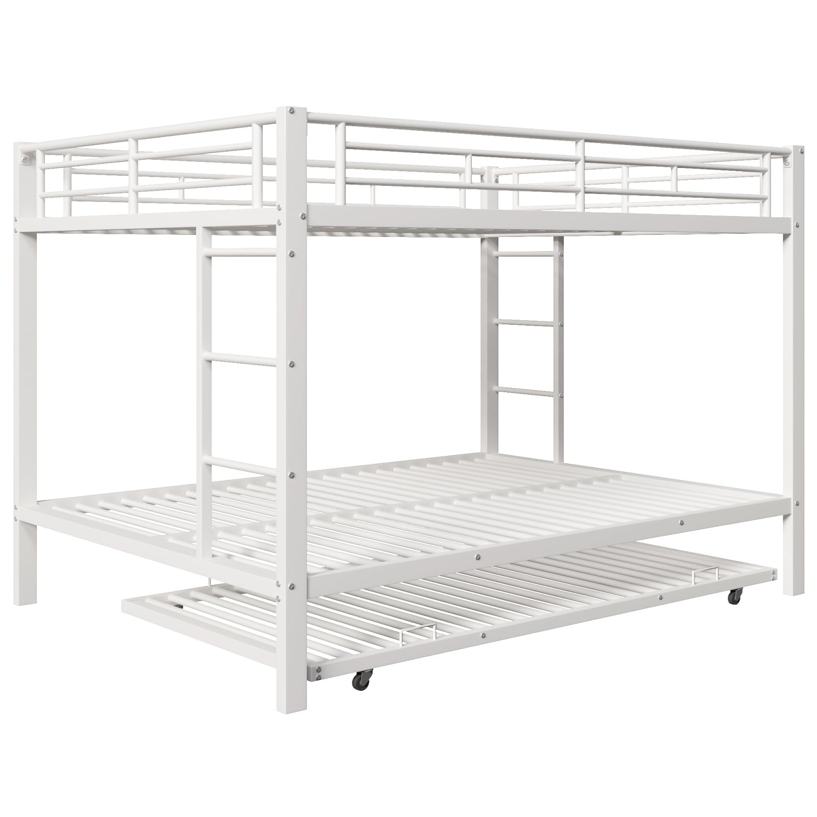 PUGSDRLY Lit Superposé 3 Places avec Lit Gigogne, Structure en Métal Robuste, lit Mezzanine 2 Places avec Haute Barrière de Sécurité, pour Étudiant, Adulte (Blanc+Métal, 140 * 200cm)