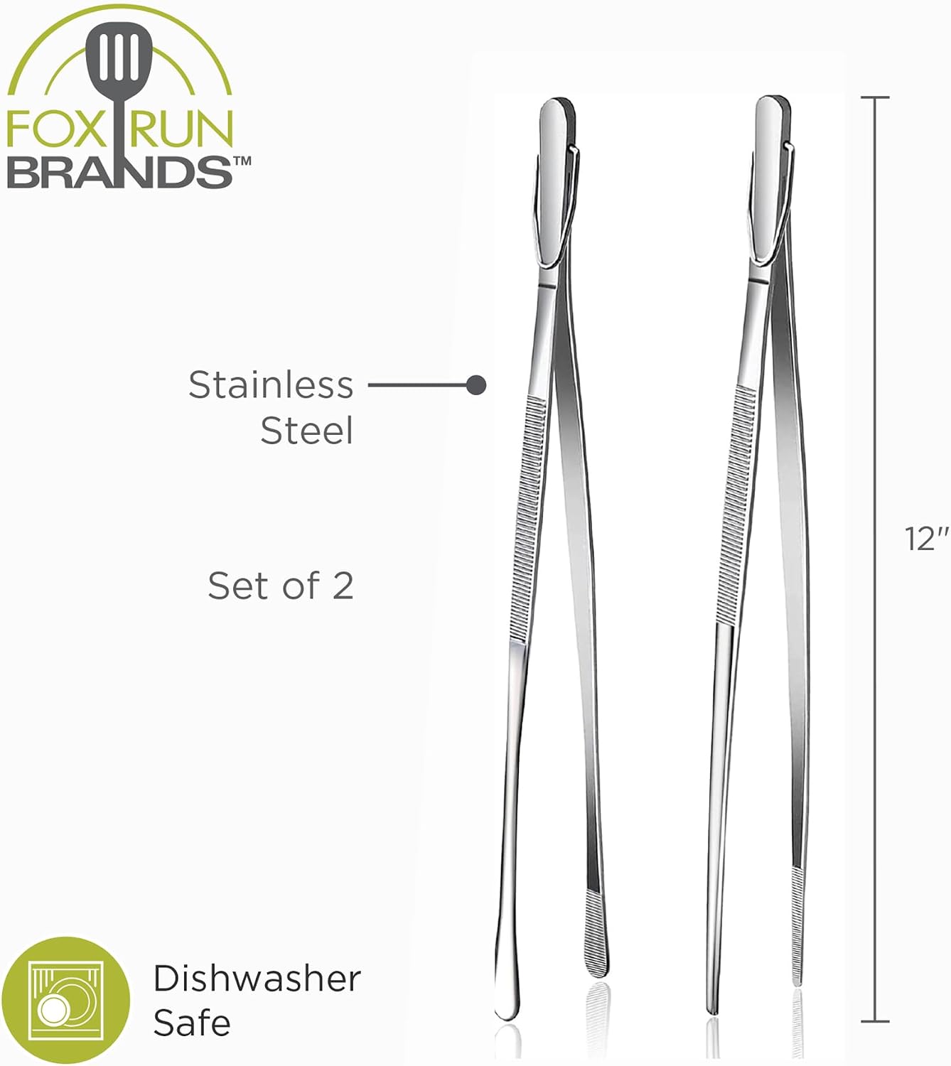 Fox Run Stainless Steel Kitchen Tweezers, Set of 2 Cooking Tweezers with Engraved Grip Pads, 12"