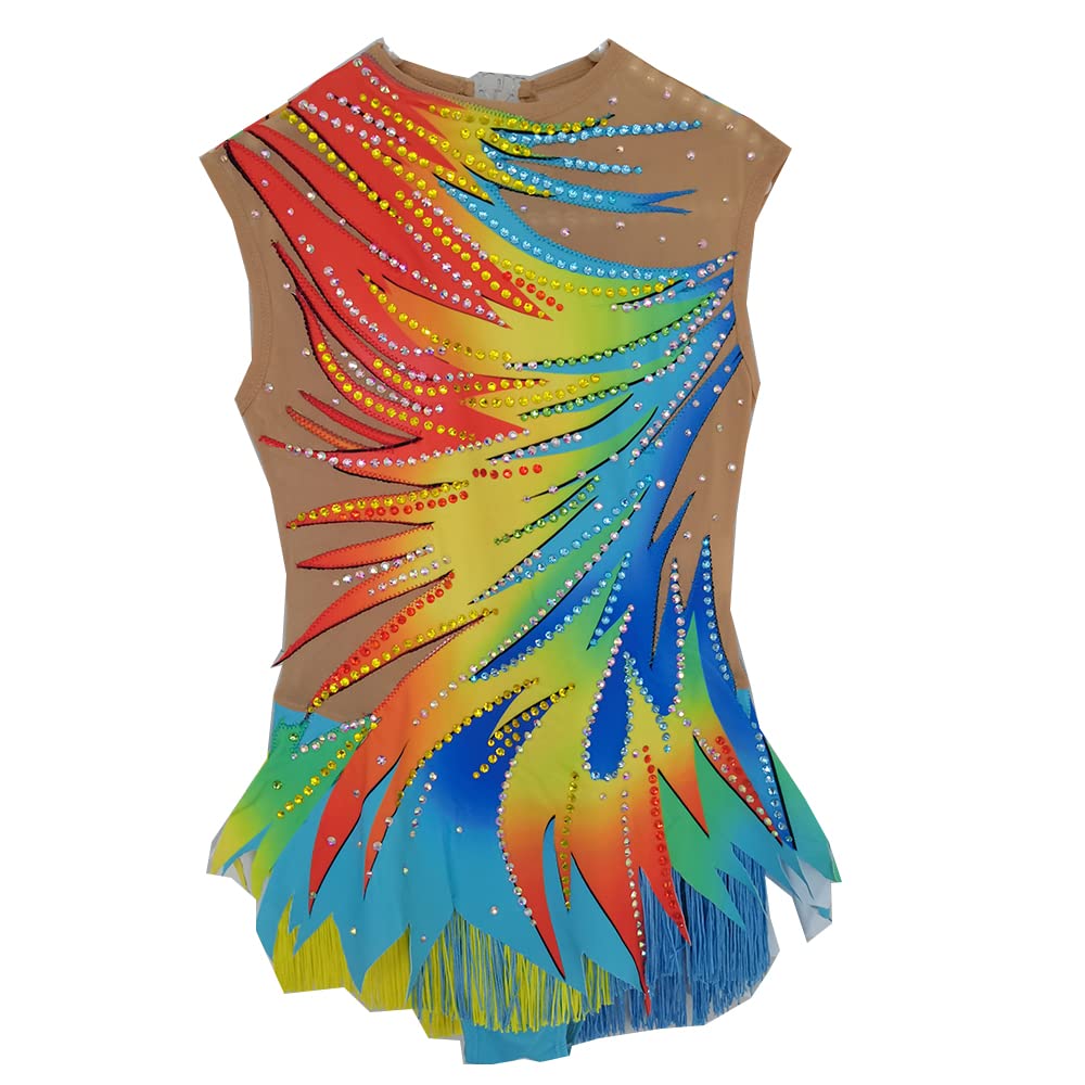 LIUHUO Justaucorps de gymnastique rythmique arc-en-ciel diamant sans manches à franges pour fille
