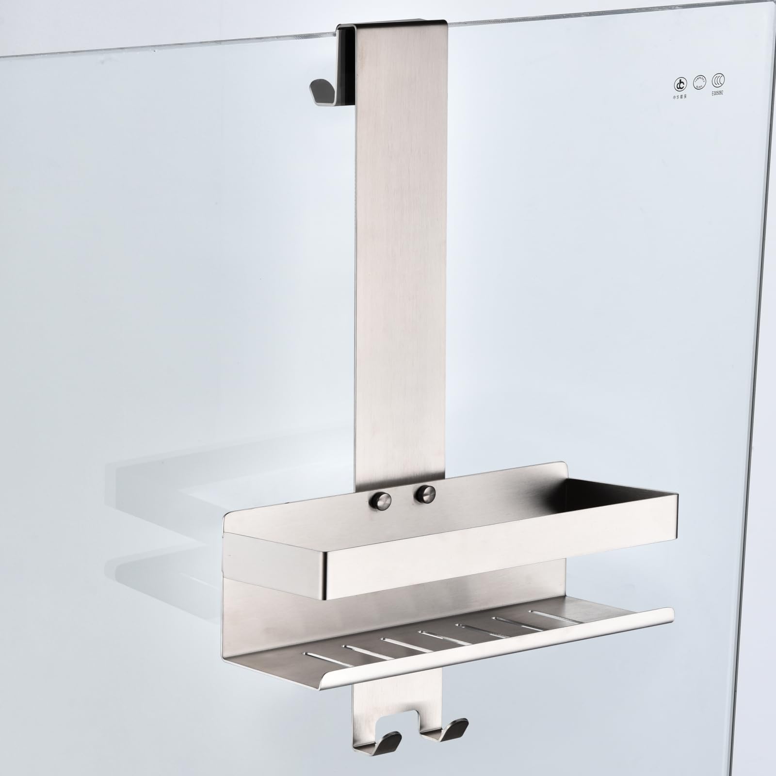 KigKog Hanging Shower Shelf, Brushed Nickel SUS304 Stainless Steel Shower Rack with Hooks, Shower Basket for Hanging over a Shower Screen, K07-23BN-GL