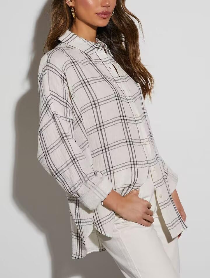 Image of Lacozy Womens Buffalo Plaid Flannel Shirt Long Sleeve Collar Button Down Blouses Tops
