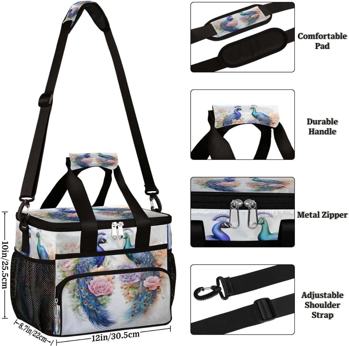 Animal Insulated Picnic Backpack Lunch Box for Women Men Picnic Basket Tote Lunch Bag Picnic Bag Portable Lunch Bags for Picnic, Beach, Work, Trip,Office, Camp Peacock Rose