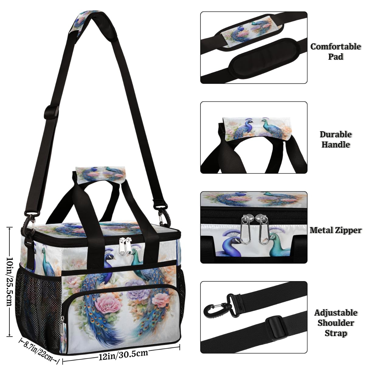 Animal Insulated Picnic Backpack Lunch Box for Women Men Picnic Basket Tote Lunch Bag Picnic Bag Portable Lunch Bags for Picnic, Beach, Work, Trip,Office, Camp Peacock Rose