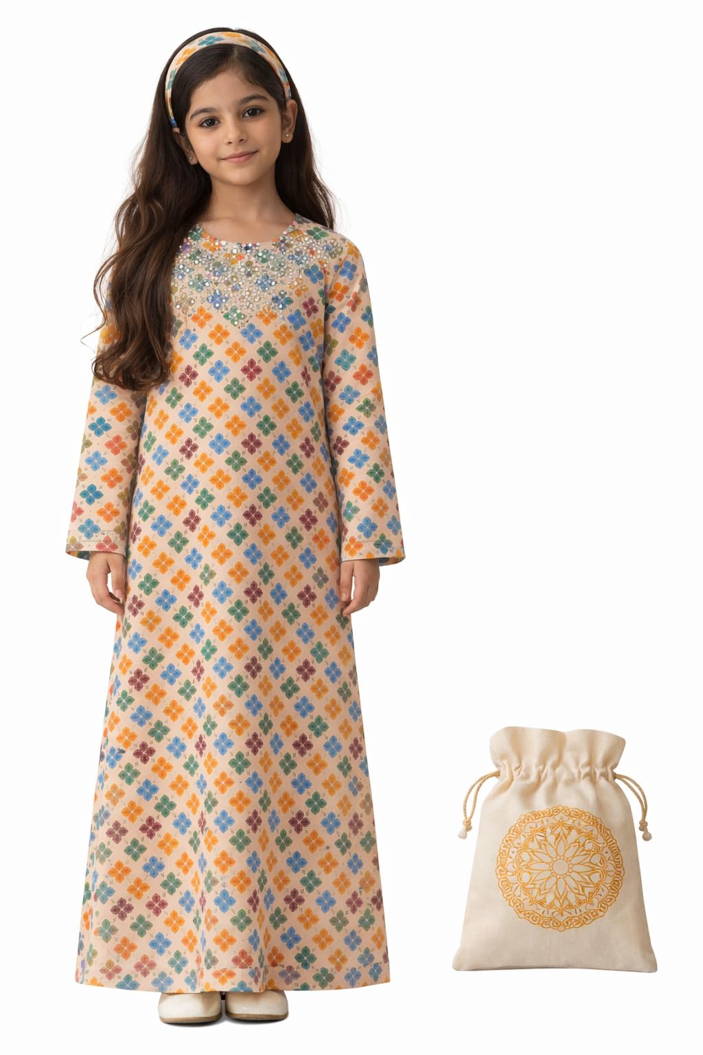 Girls 100% Cotton Mukhawar – Featherlight Breathable Ramadan & Eid –Daily Chic Modest Dress for UAE Weather – Vibrant Print with Minimal Embroidery & Reusable Gift Bag - 95 cm Length - 5-9 y.o.