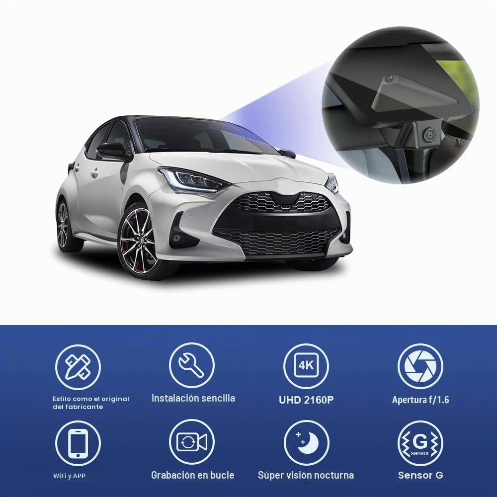 Fitcamx Dashcam 4K Adecuado para Toyota Yaris and Yaris Cross 2024 2025 2026, OEM Cámara de Coche 2160P UHD Video WiFi, G-Sensor, Grabación en Bucle, WDR Dash CAM Coche, Plug & Play, Tarjeta de 64GB