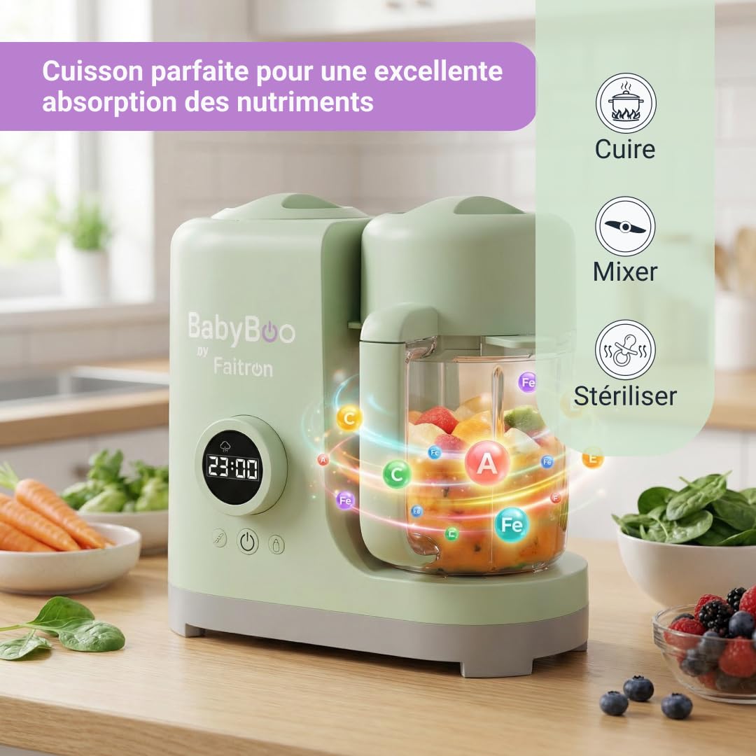 BabyBoo Robot Pappa 7-en-1 – Cuisson à la vapeur et mixage en 20 minutes, puissance 300 W, chauffe-biberon et stérilisateur, verre en Tritan, panier en acier inoxydable, écran digital