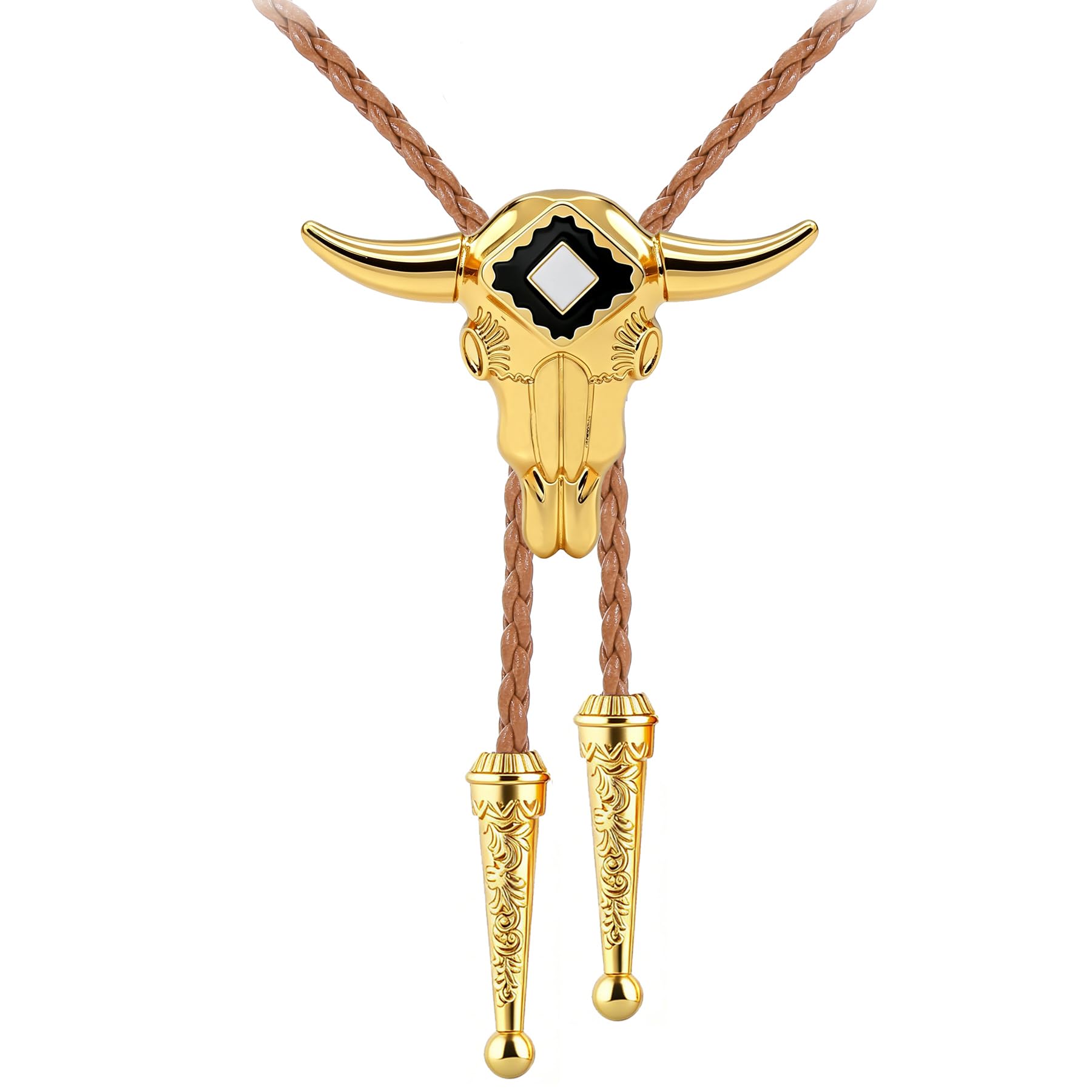 GelConnie Longhorn Bull Bolo Tie for Men Native American Western Cowboy Leather Necktie Bolo Necklace for Women Gold Texas