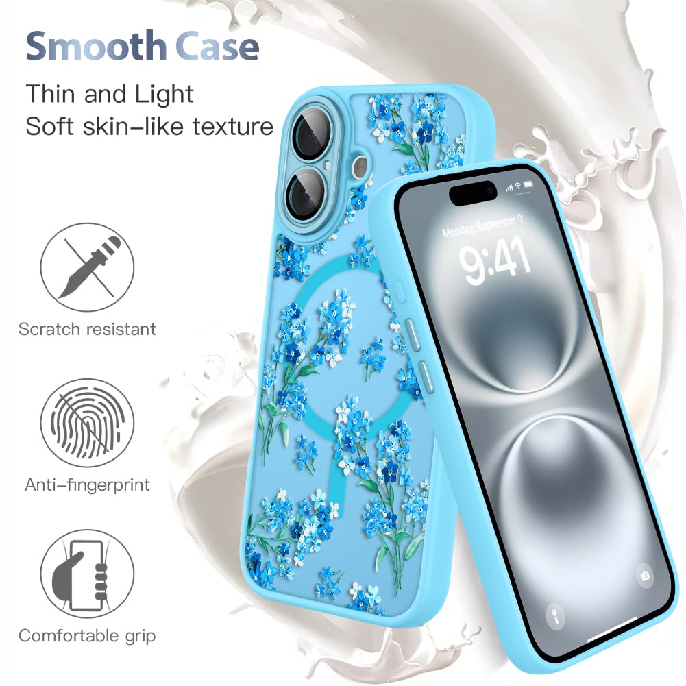 AIGOMARA Custodia per iPhone 16 Plus [compatibile con MagSafe] blu motivo floreale design morbido TPU paraurti posteriore rigido in policarbonato anti-caduta antiurto sottile custodia magnetica con