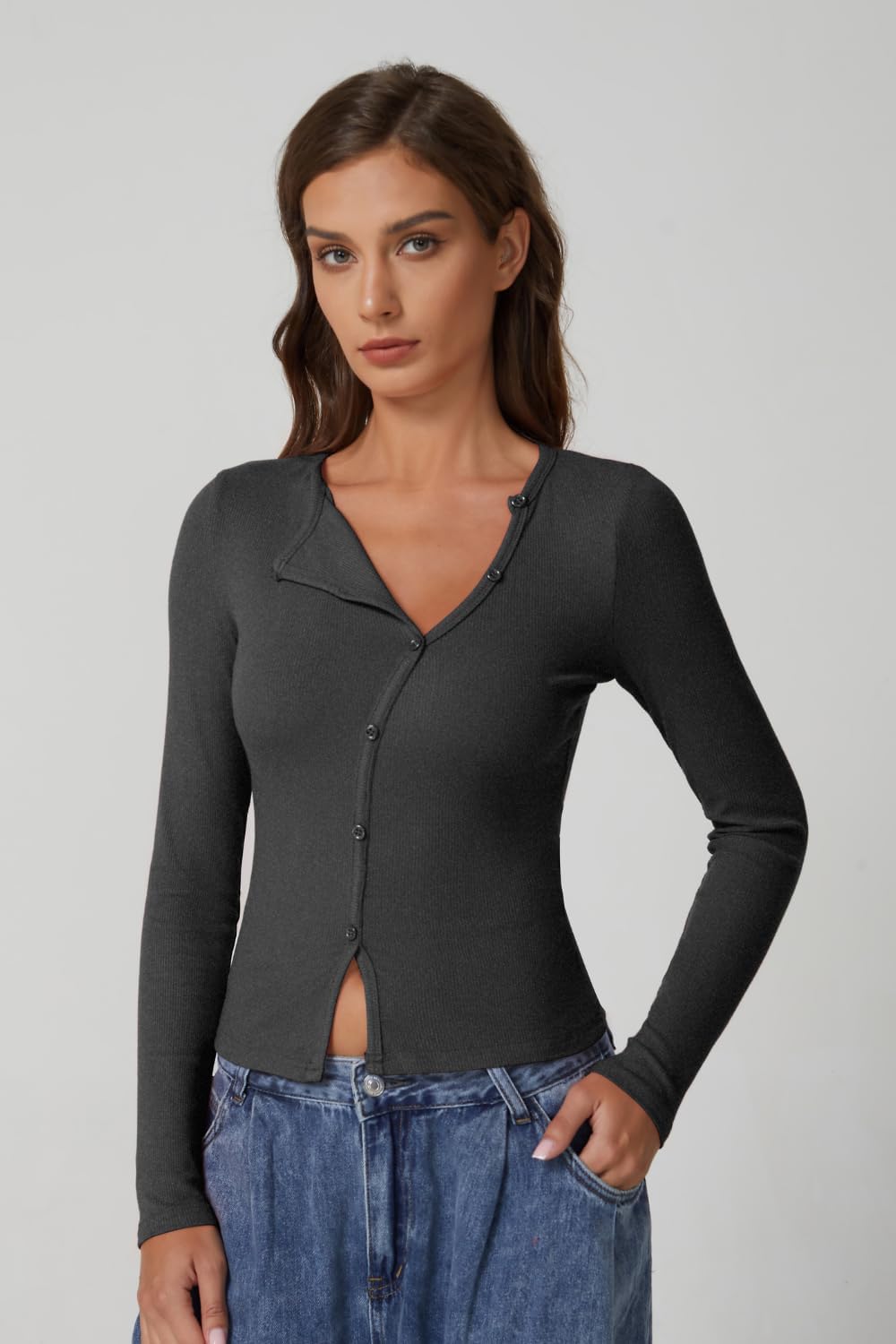 QINSEN Women's Long Sleeve Ribbed Crewneck Shirts Upper Button Fastening Going Out Tops - Image 3