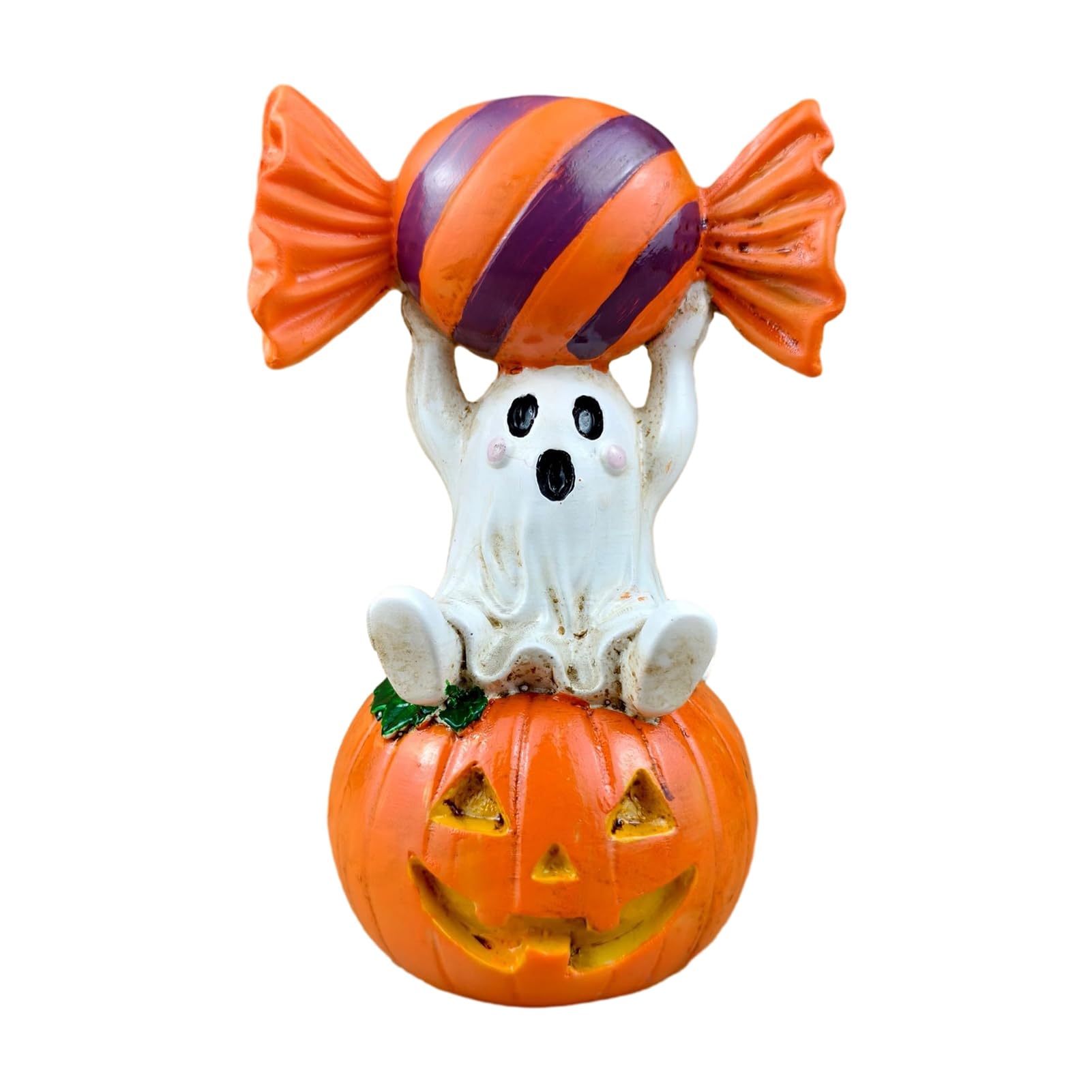 Quoravel Zentriva Halloween Ghost Figurine, Cute Ghost Sitting on Pumpkin Holding Candy Statue, Spooky Resin Table Ornament Decor B