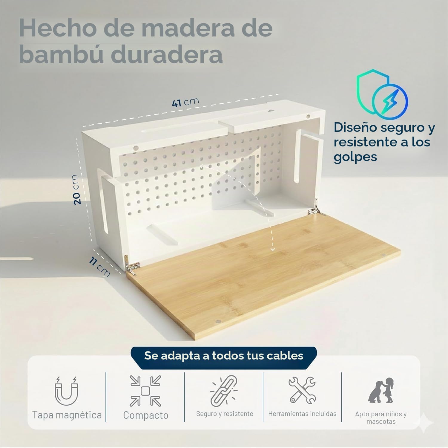 Caja de gestión de Cables de bambú 41×20×11 cm – Tapa magnética – Organizador de Cables con Kit para Montaje en Pared – Caja ocultacables para Escritorio y Zona TV (Blanco L)