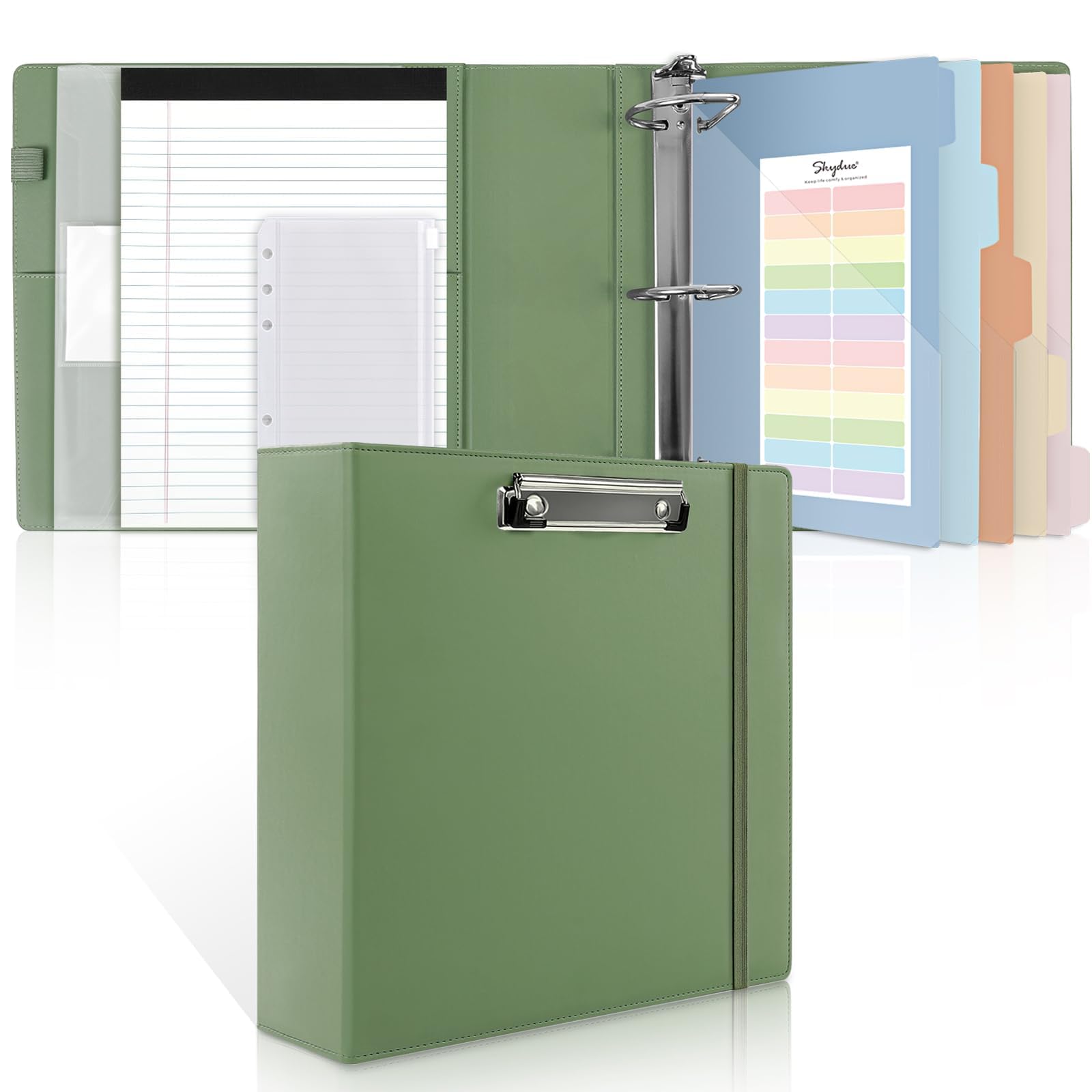 SKYDUE 3 Ring Binder 3 Inch D Ringr with Clipboard, PU Heavy Duty Clipboard Binder with Notepad & 5 Dividers with 5 Pockets, Labels, Clipboard Folder Great for School Office