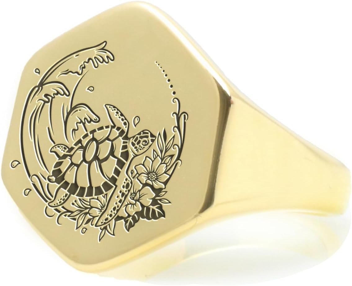 14k Gold Turtle Ring - Water Animals Engraved Design - Bold Statement Jewelry - Hexagon Shape