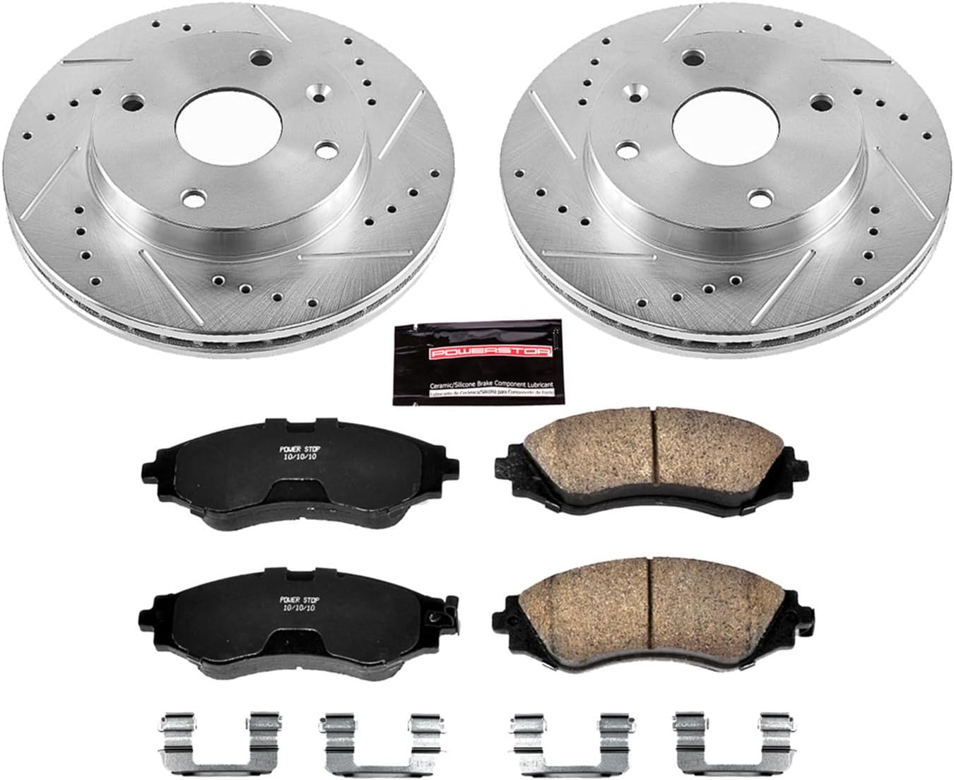 PowerStop Front Brake Kit For Suzuki Forenza 2004-08 | Suzuki Reno 2005-08 - Drilled and Slotted Disc Rotors with Ceramic Brake Pads Replacement, K5894