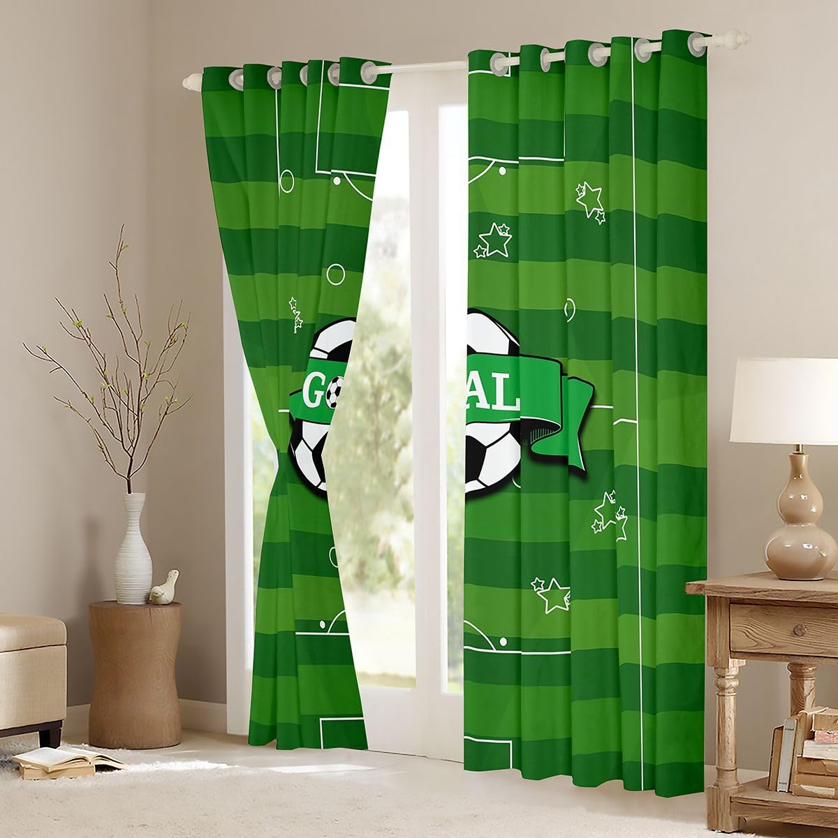 Homewish Soccer Green Gaming Football Court zasłony okienne 117 x 183 cm 2 zestawy paneli – sześciokątne zasłony zaciemniające o strukturze plastra miodu w paski zasłony okienne zasłony sportowe