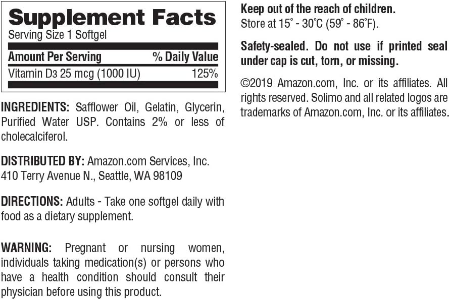Amazon Brand - Solimo Vitamin D3 25 mcg (1000 IU), 300 Softgels, Ten Month Supply