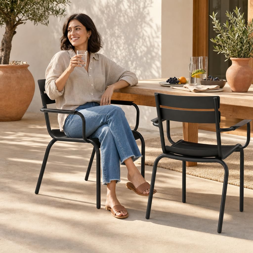 Silla de Metal de Estilo Contemporáneo para Jardín y Terraza | Negro
