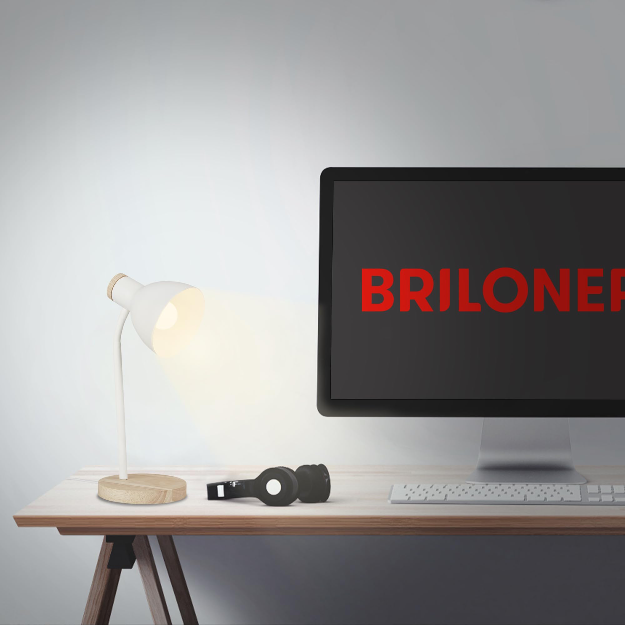 BRILONER - Nachttischlampe mit Kabelschalter, schwenkbar, E14, max. 10W, Tischlampe, Lampe, Schreibtischlampe, Tischleuchte, Bürolampe, Leselampe Bett, Leselicht, 14x38 cm, Weiß-Holz