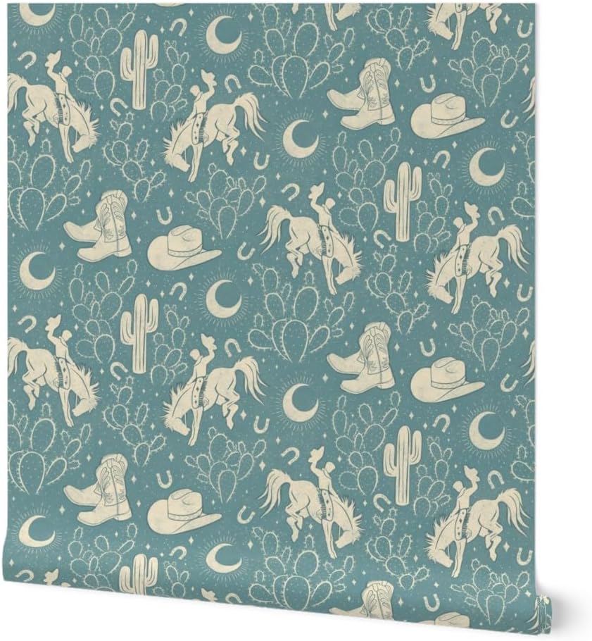 Peel & Stick Wallpaper Swatch - Southwest Dusky Blue Boots Cactus Ranch Rodeo Cowboy Hat Moon Custom Removable Wallpaper by Spoonflower