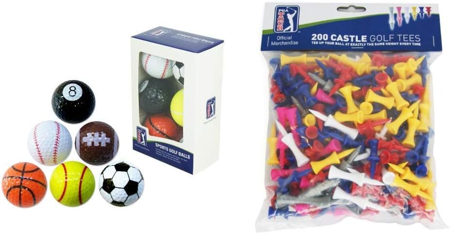 PGA TourNovelty Fun Sports Golf Balls (Set of 6) & Tour 200 Castle Golf Tees - Red/Yellow/Blue/Pink/Gray