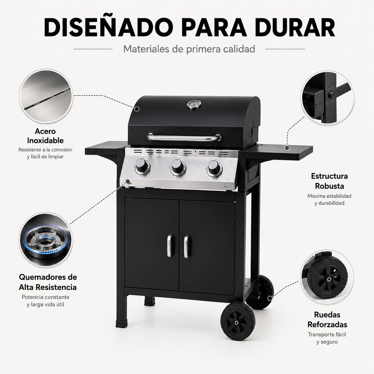 Barbacoa de gas 3 fuegos con tapa y termómetro integrado – Parrillas resistentes, ventilación lateral, mesas laterales plegables, estructura robusta – Barbacoa exterior