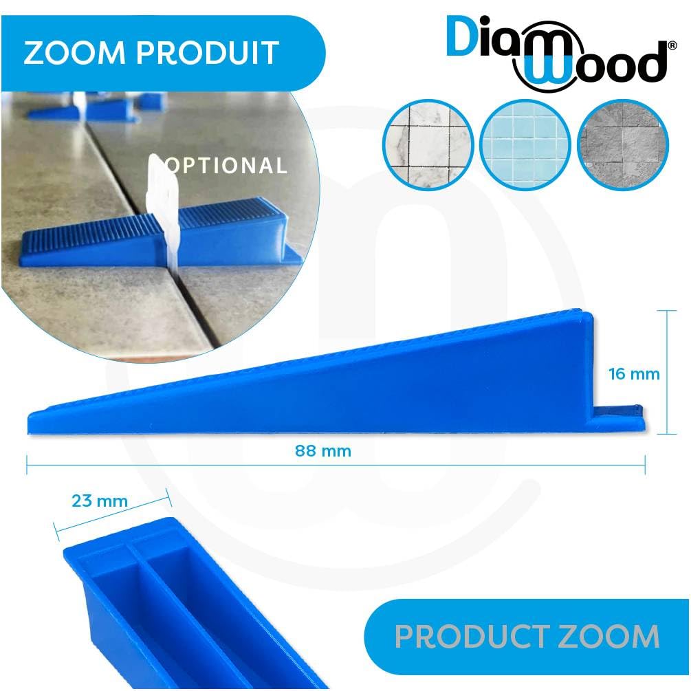 DIAMWOOD - 250 Cales Autonivelantes Pour Carrelage - Largeur 23 mm Longueur 88 mm - Hauteur Réglable 0 à 16 mm - Pose Rapide et Précise des Carreaux