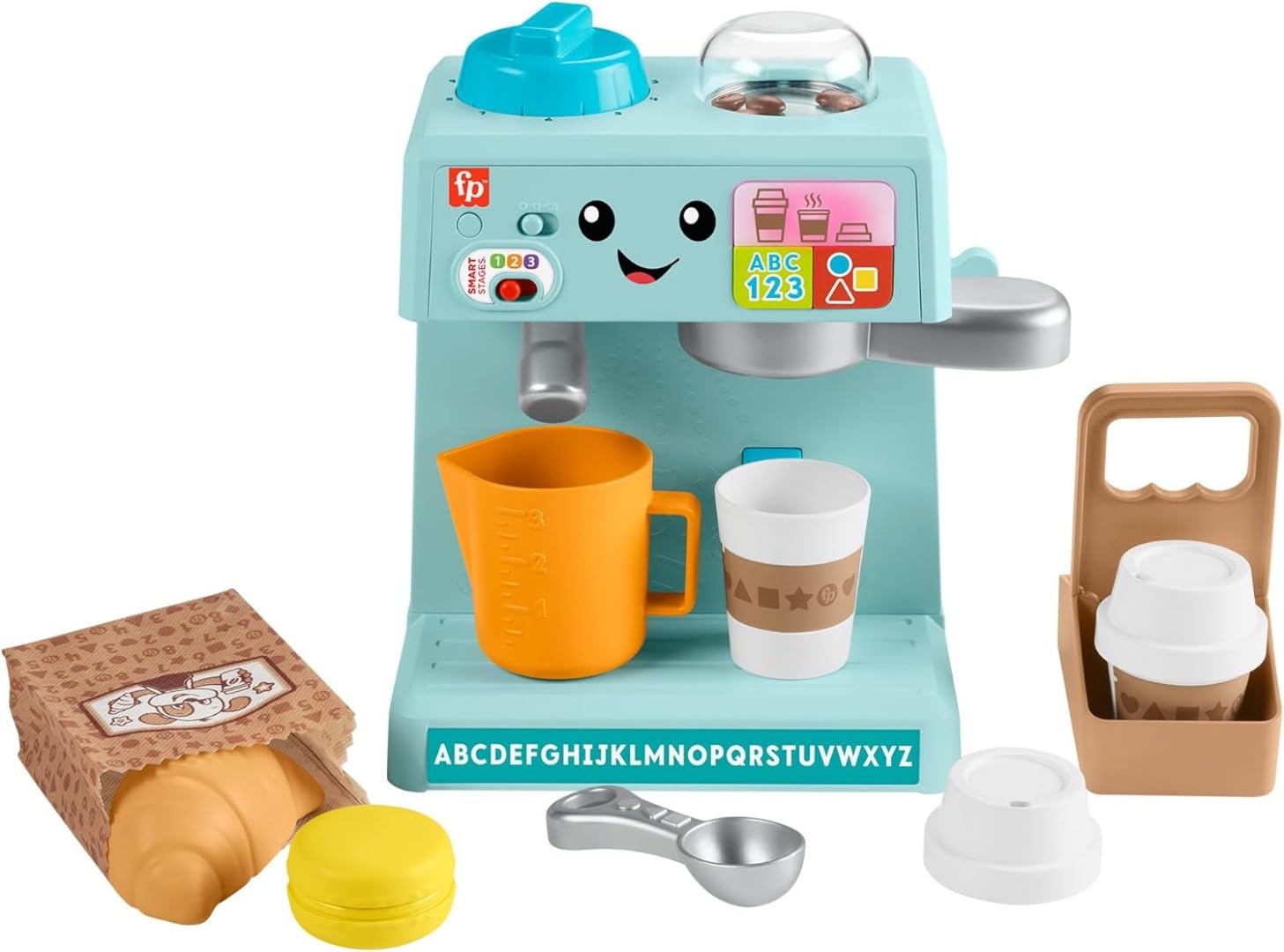 Fisher-Price Zestaw do ekspresu do kawy: Nauka i podawanie z postępowym przebudzeniem i 10 elementami, od 18 miesięcy, wersja wielojęzyczna, HYR98