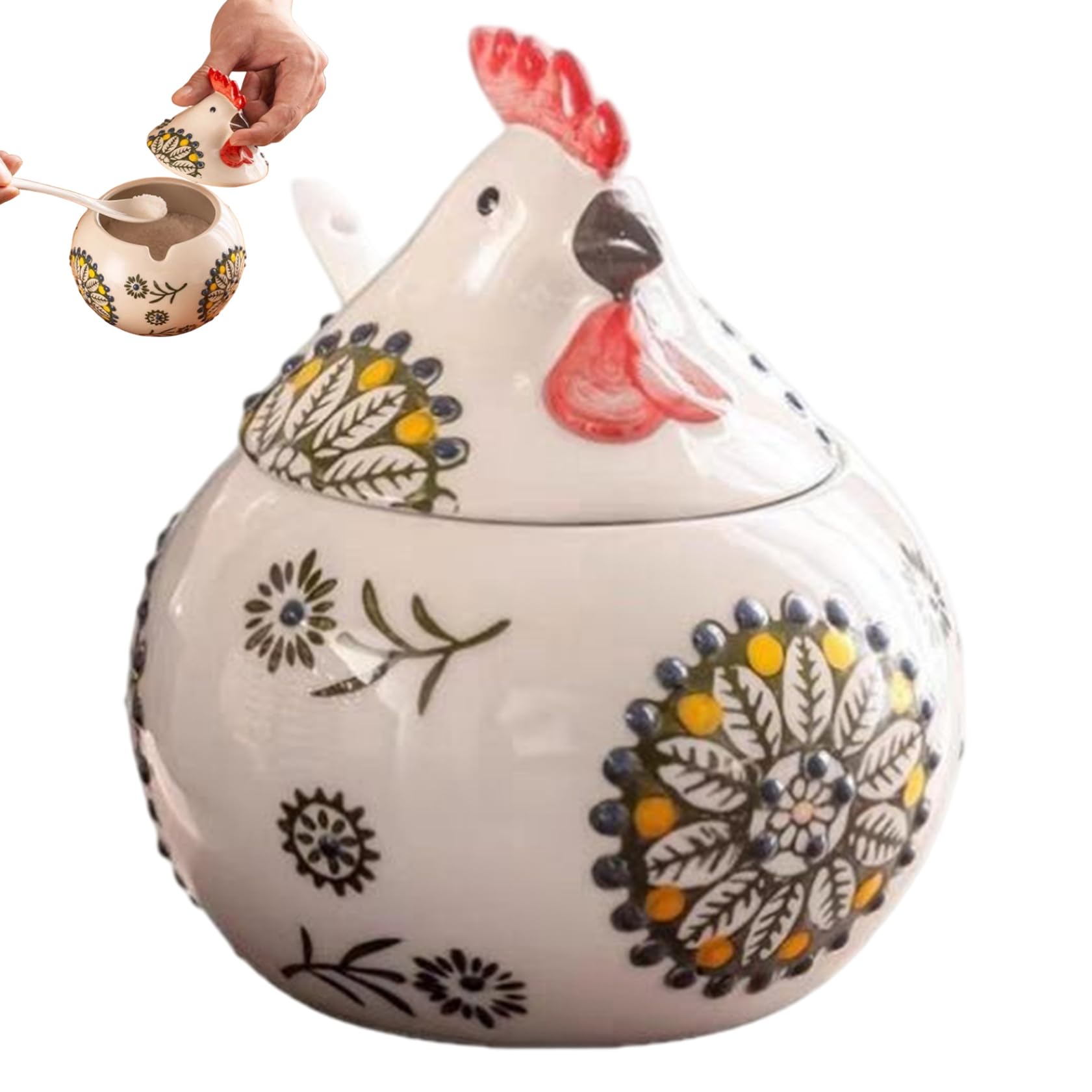 CAKEEYUM Salt Cellar with Lid Hen-Shaped Sugar and Salt Container Decorative Chicken Ceramic Jar for Kitchen Counter Spices & Coffee Chicken Cookie Jar, Cellar with Lid, Container, Holder, S