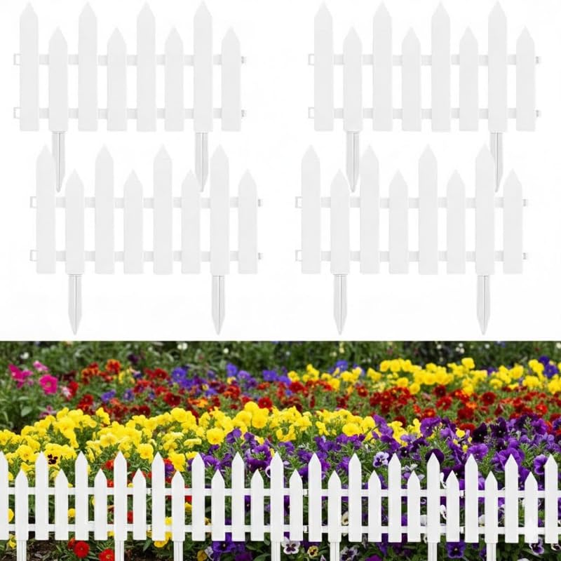 Image of Wonderland White Picket Garden Fence Panels, Plastic, 4 Piece Set, 50.4 cm Length, Decorative Border with Spikes