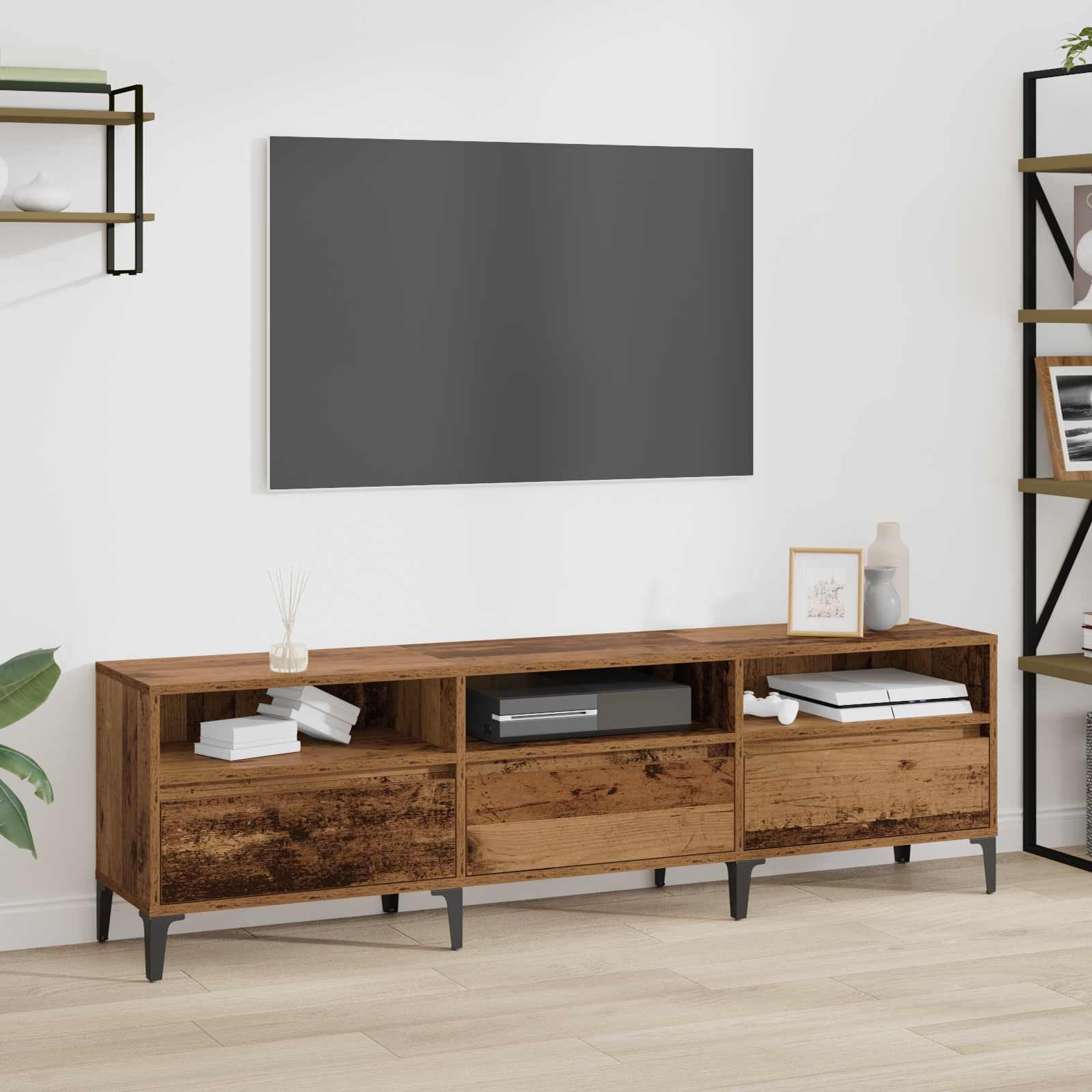 Meuble TV bois vieilli de style industriel avec rangements durables pour grand écran