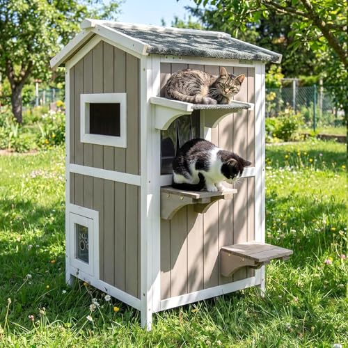 Pawbuilt Cat Houses for Outdoor Cats Weatherproof 2-Story Wooden Cat Shelter for Indoor & Outdoor Cats Raised Feeding Station Escape Door Jumping Platforms Elevated Floor & Asphalt Roof