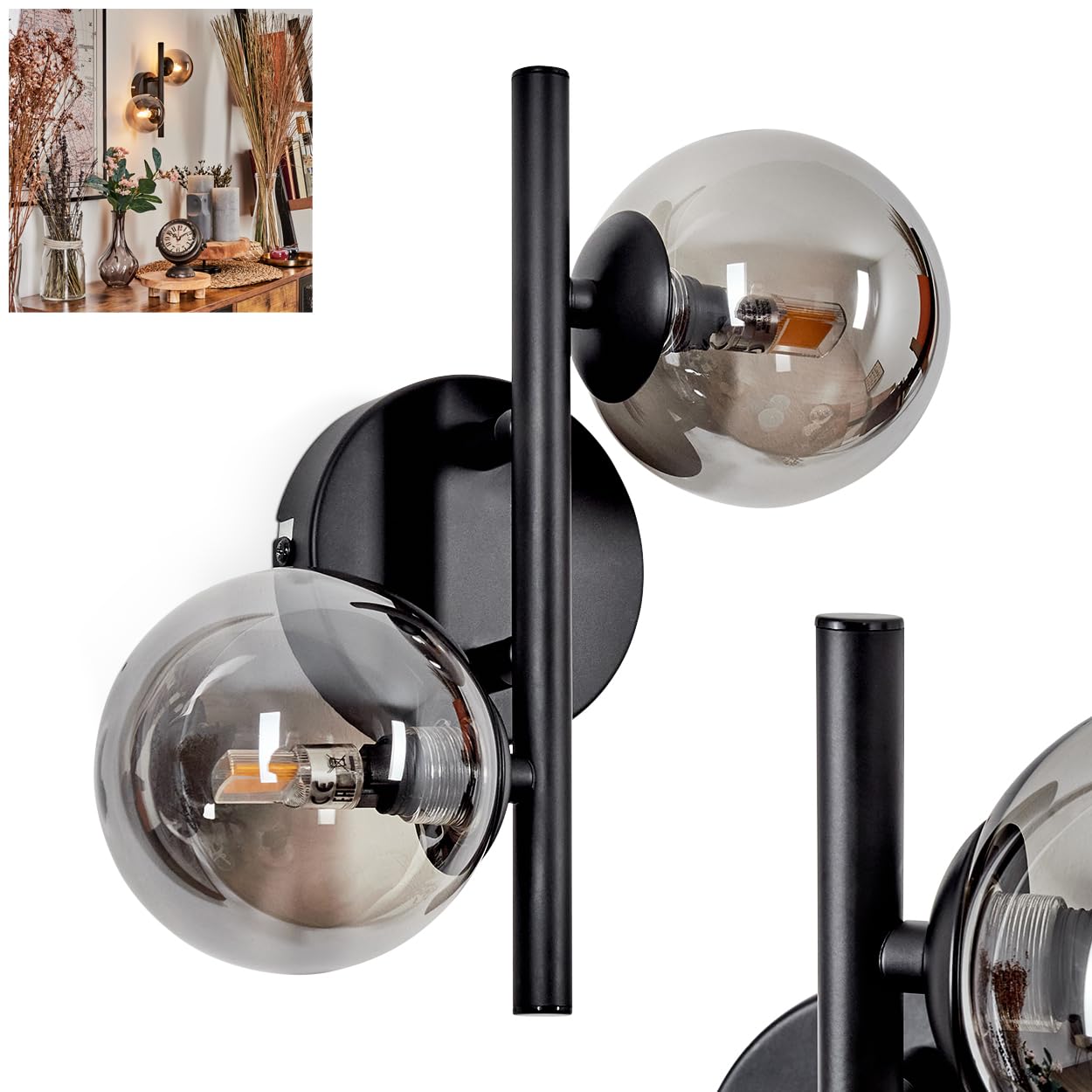 Wandleuchte Chehalis, Wandlampe aus Metall/Glas in Schwarz/Rauchfarben, Leuchte im Retro/Vintage-Design mit Schirmen aus Glas (Ø 10 cm) u. An/-Auschalter am Gehäuse, 2 x G9, ohne Leuchtmittel