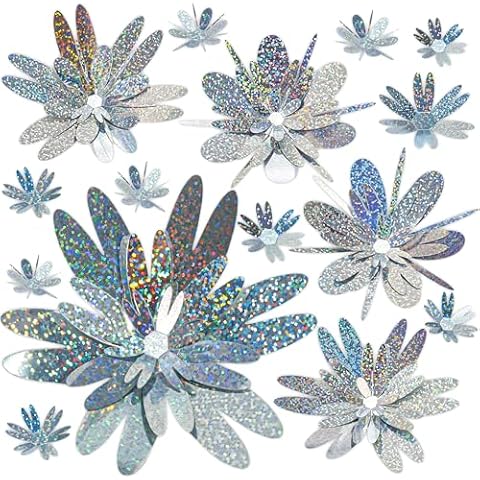 48 Pcs 3D Sequined Flower Wall Decor, Removable Silver Flower Stickers 2 Sizes 3 Styles, Holographic Decor for Kids Dorm Room Nursery Decor Birthday Decorations Toddler Girl Bedroom Decor(Silver) Cover
