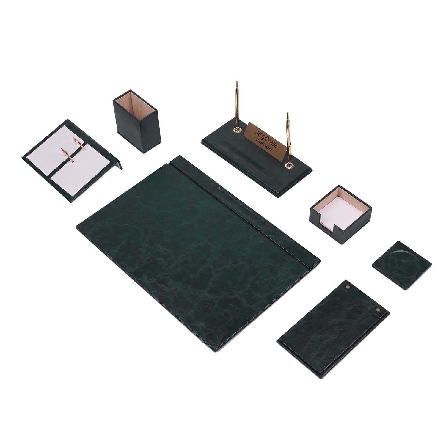 Schreibtisch-Set aus Leder – Schreibtisch-Organizer-Set – Büro-Schreibtisch-Zubehör – Kalenderhalter – 9 Zubehörteile – Schreibtisch (Green)