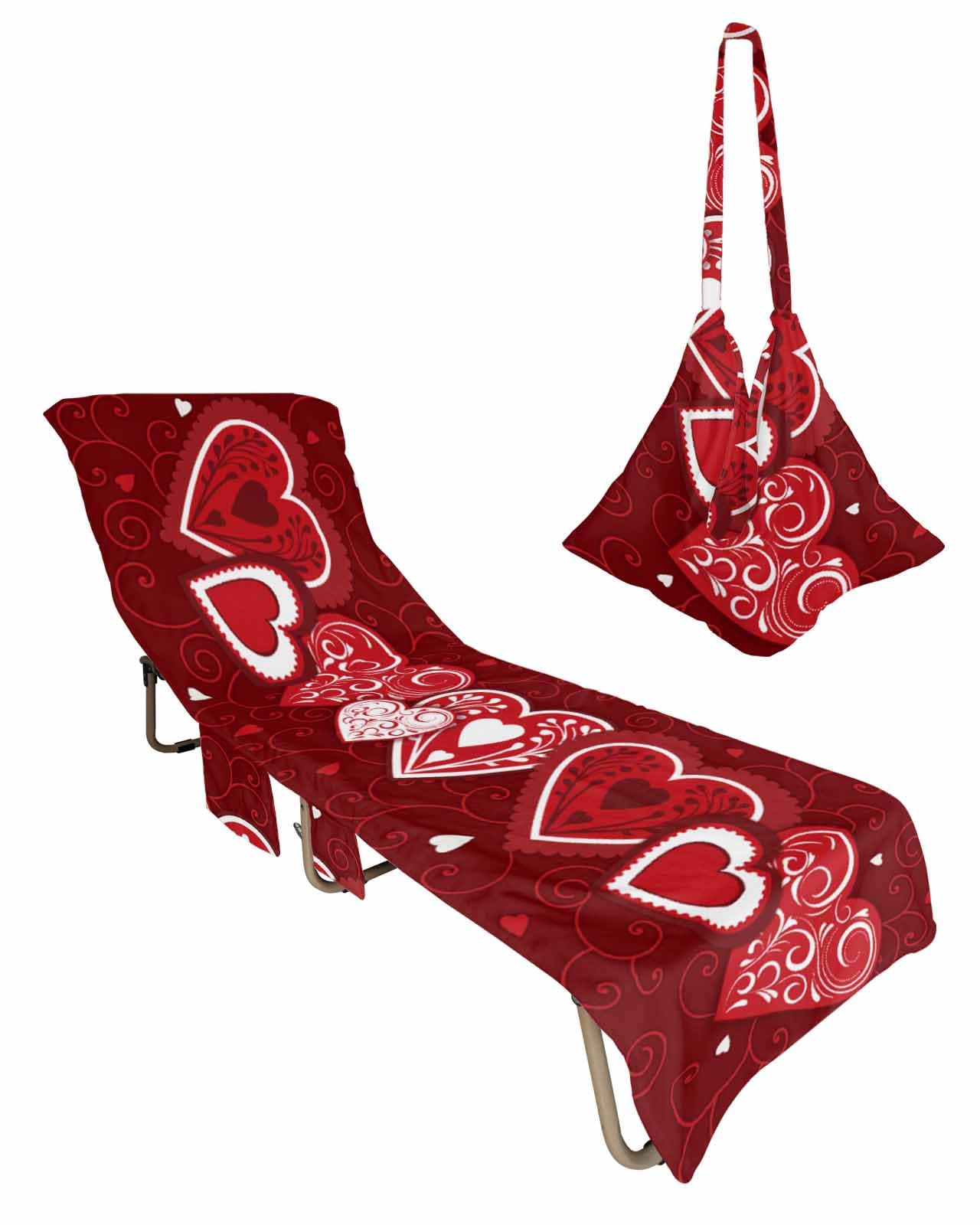 Red Love Valentines Beach Lounge Chair Towel Cover, Soft Chaise Lounge Towel with Side Pockets Patio Pool Chairs Cover for Beach/Pool Sunbathing 29x85 Dark Red Love Heart