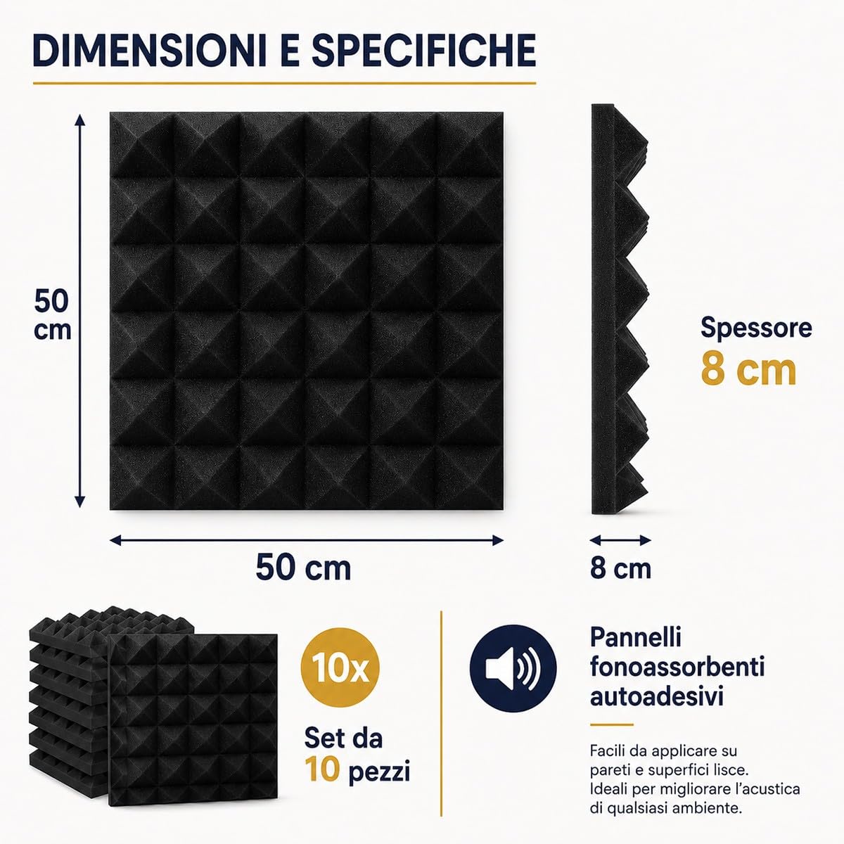 Pannelli Fonoassorbenti Piramidali 50×50×8 cm – Set da 10 Pannelli Autoadesivi per Riduzione Rumore, Comfort Acustico Casa, Gaming Room, Home Studio, Sala Podcast – Nero Rivestito