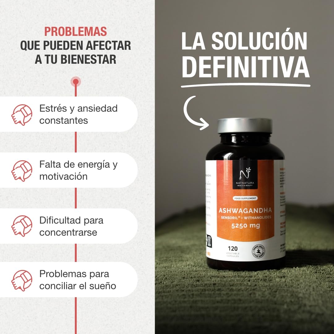 Ashwagandha Cápsulas Sensoril® 5:1 Superior a KSM-66 + Extracto 10:1 | 5250 mg/día | Resistencia muscular, equilibrio emocional, rendimiento físico y concentración | Vegano | 120 cápsulas vegetales.