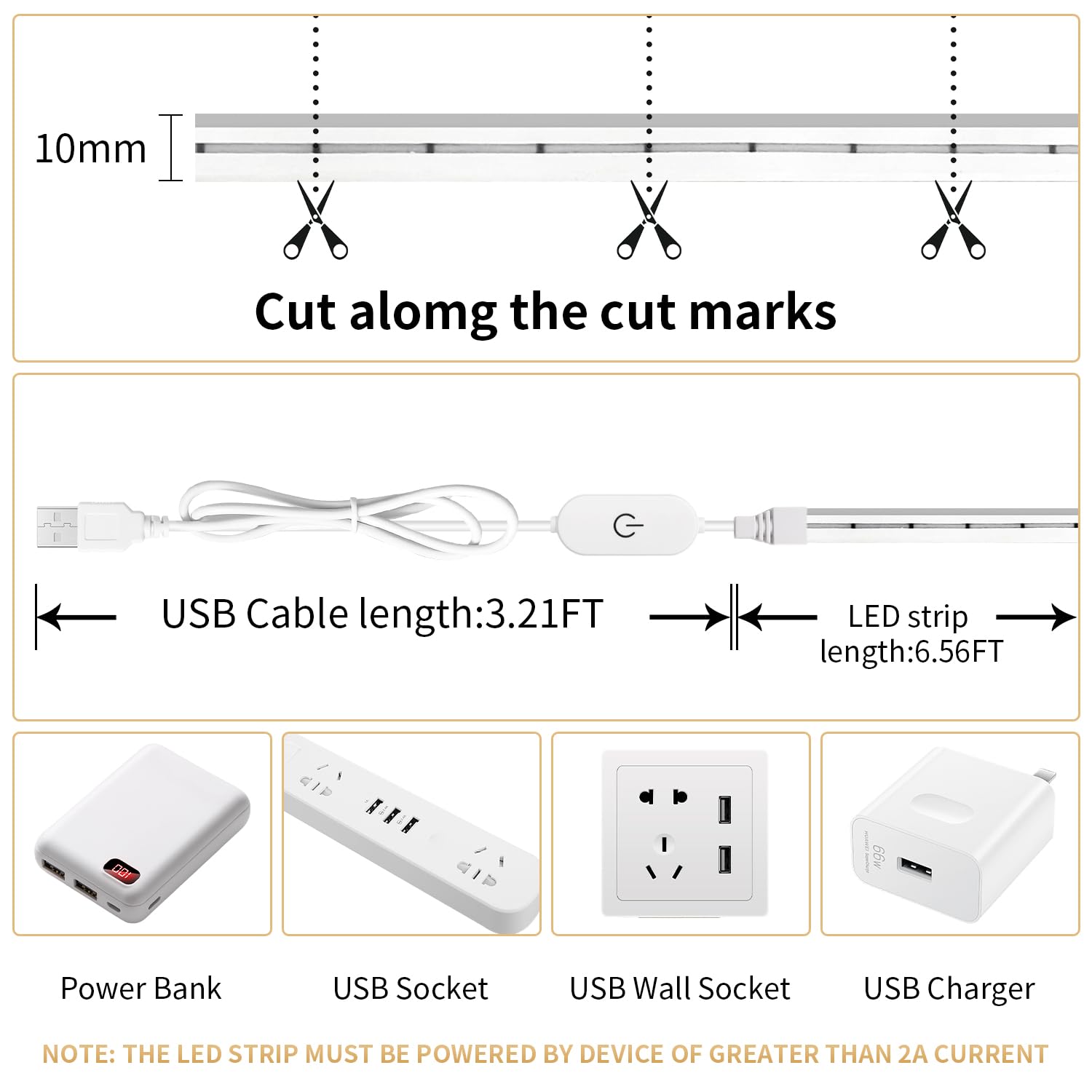 iNextStation 2M Blanc Chaud Ruban LED, 5V Néon Bande LED USB Dimmable, IP65 Etanche, Découpable Autocollante Bandeau Lumineuse, Strip Light pour Cuisine Chambre Vitrine Camping Car Extérieur Déco