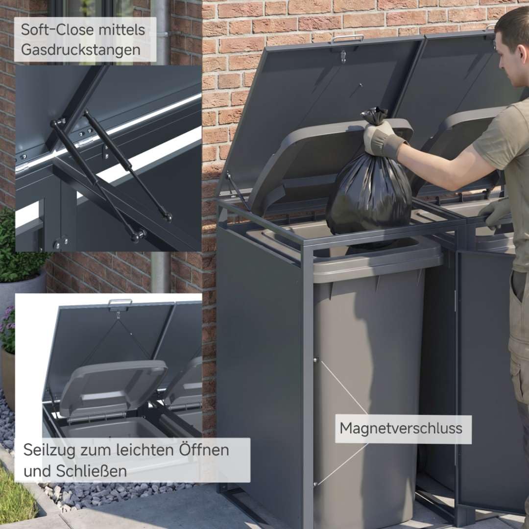 Mülltonnenbox 3er 240L, Mülltonnenhaus, Mülltonnenverkleidung für 3 Tonnen, aus Massivem Pulverbeschichtetem Verzinktem Stahl, Anthrazit, Wetterfest mit Belüftung