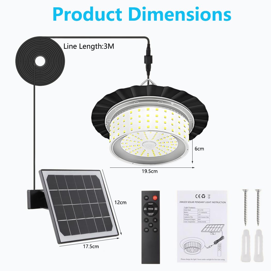 Solarlampen für Außen Innen mit Bewegungsmelder, 5 Modi IP65 Wasserdicht Solarleuchten Pendelleuchte,244 LED Strahler Außen mit Fernbedienung für Outdoor Garten für Garage Garten Hof Decke