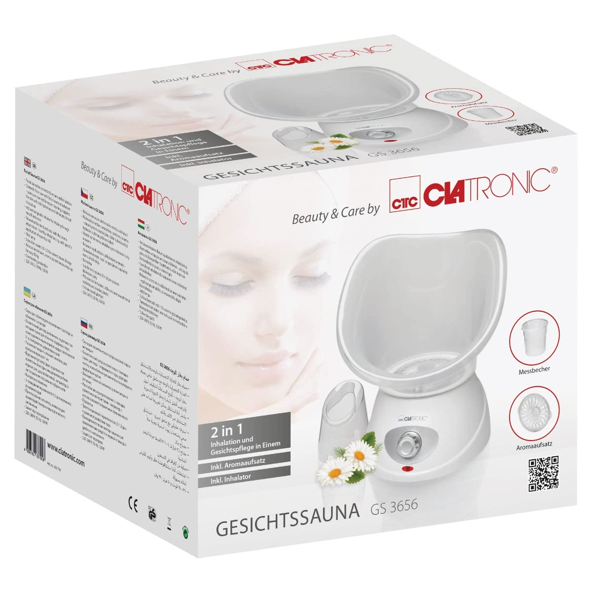 Clatronic GS 3656, inalatore per sauna facciale, inalatore, doccia nasale, rilassante con attacco aromatico, per bocca e naso, adatto per bambini, bianco», 130 watt