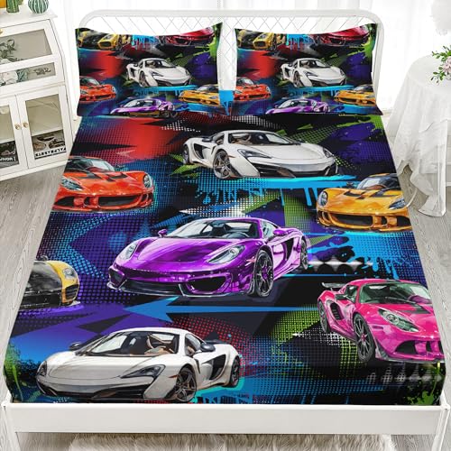 AILONEN Racing Car Fitted Sheet for Kids Boys Teens Twin Size, Extreme Sports Bedding Sets,Cool Speed Race Bed Sheet Set,Colorful Car Theme BedSheets Set,1 Fitted Sheet 2 Pillowcases,3 PCS