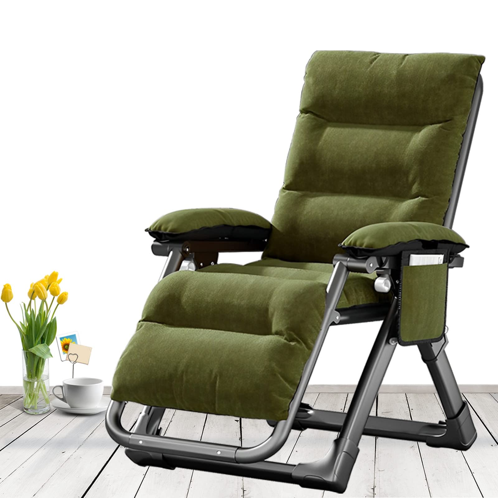 Tumbona Plegable Playa, Silla Reclinable Gravedad Cero con Cojines Y Portavasos, Silla Jardin Exterior para Playa Piscina Hamaca Reposabebidas, Soporta hasta 180 Kg (Color : Lounge Chair with Green M