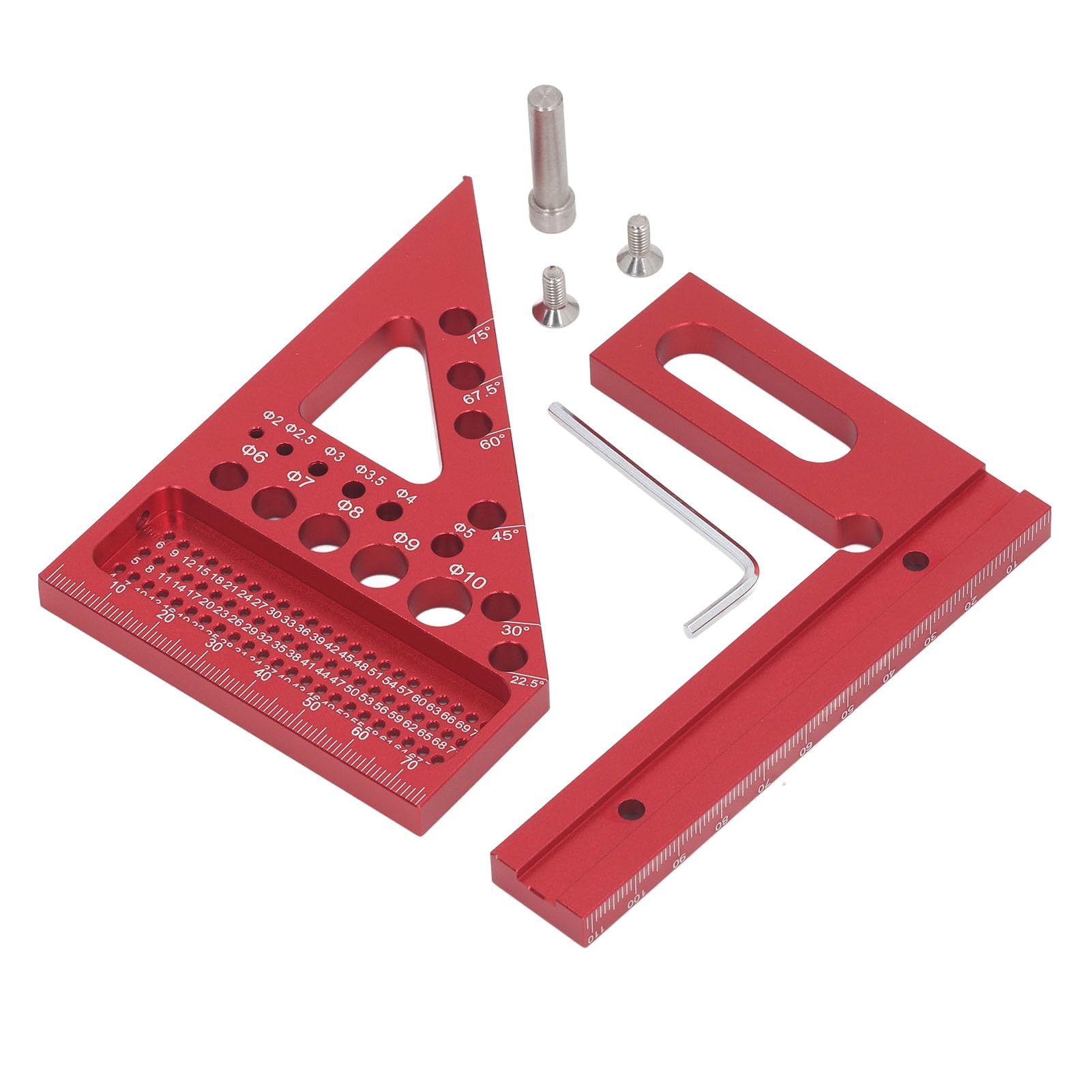 Yuecoom Woodworking Triangular Ruler, Woodworking Square Protractor Aluminum Alloy Miter Triangular Ruler Multi Angle Layout Measuring Tool (Red)