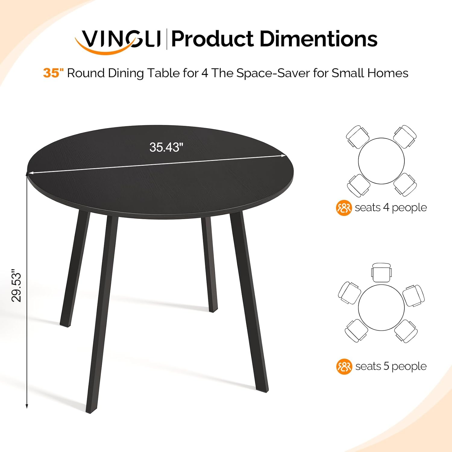 VINGLI Round Dining Table for 2-4, 35in Modern Dining Room Table with Metal Base, Black Wooden Kitchen Table, Space-Saving, Small Space Circle Dinette for Home, Kitchen, Apartment