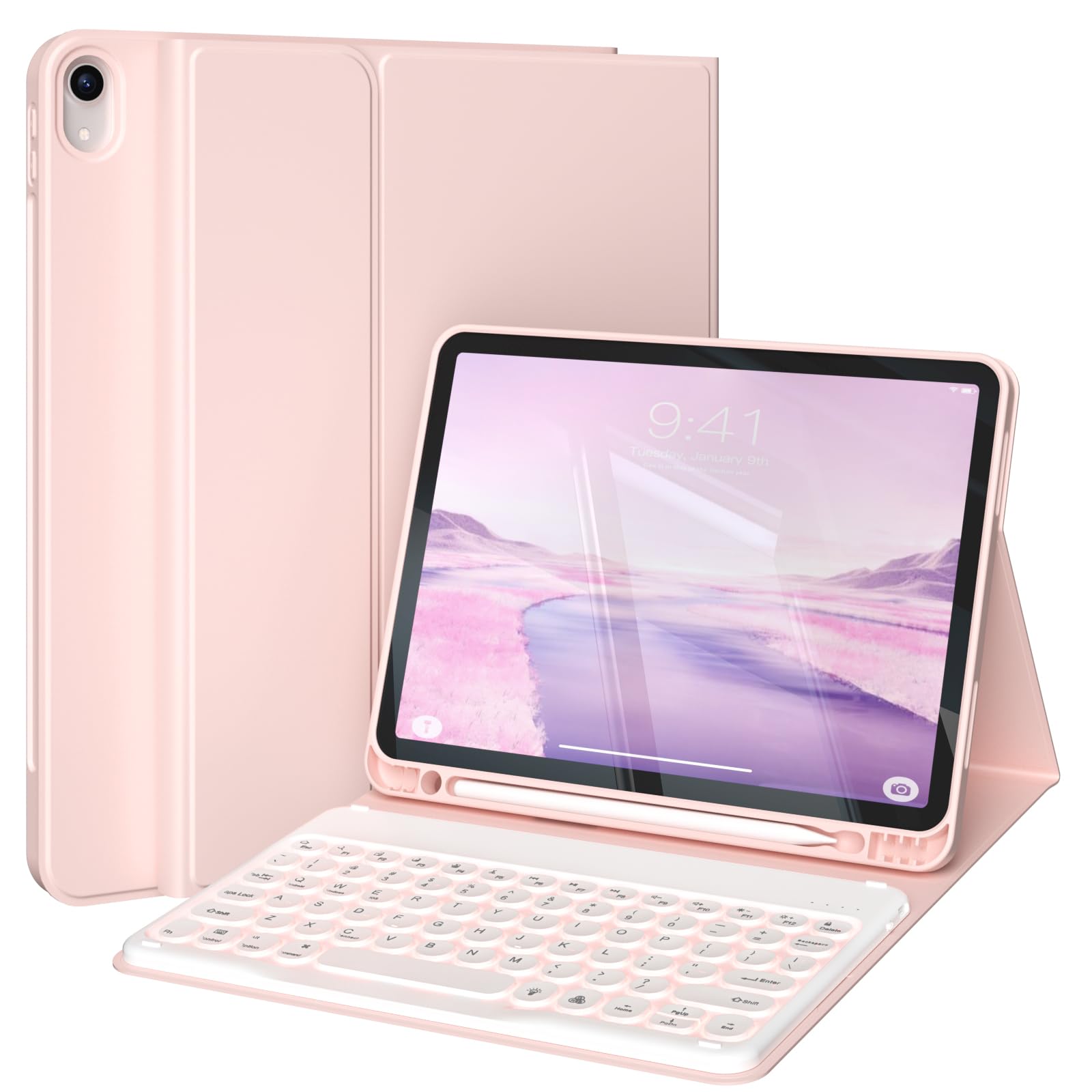KVTVOU Keyboard Case for iPad (A16) 11th/10th Generation (11/10.9 Inch, 2025/2022) - 7 Colors Backlit Wireless Detachable Keyboard, Slim Lightweight Stand Folio Cover with Pencil Holder, Pink