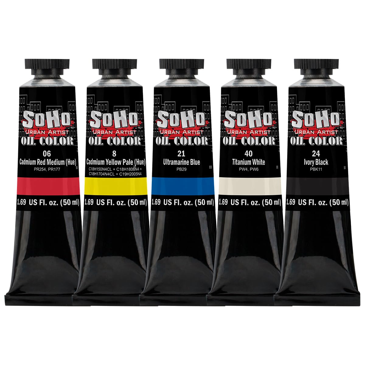 Soho Urban Artist Oil Paint Basic Set of 5-50 mL Tubes, Triple-Milled Oils with Refined Linseed - Smooth Application, True Color Mixes, Ideal for Brushes & Palette Knives